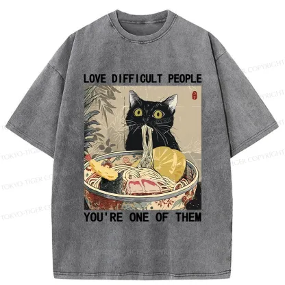 Tokyo-Tiger Kawaii Cat Eating Ramen Washed T-Shirt