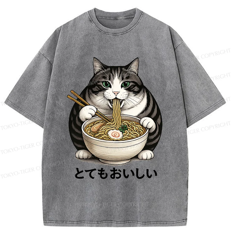 Tokyo-Tiger Fat Cat Eating Delicious Ramen Washed T-Shirt