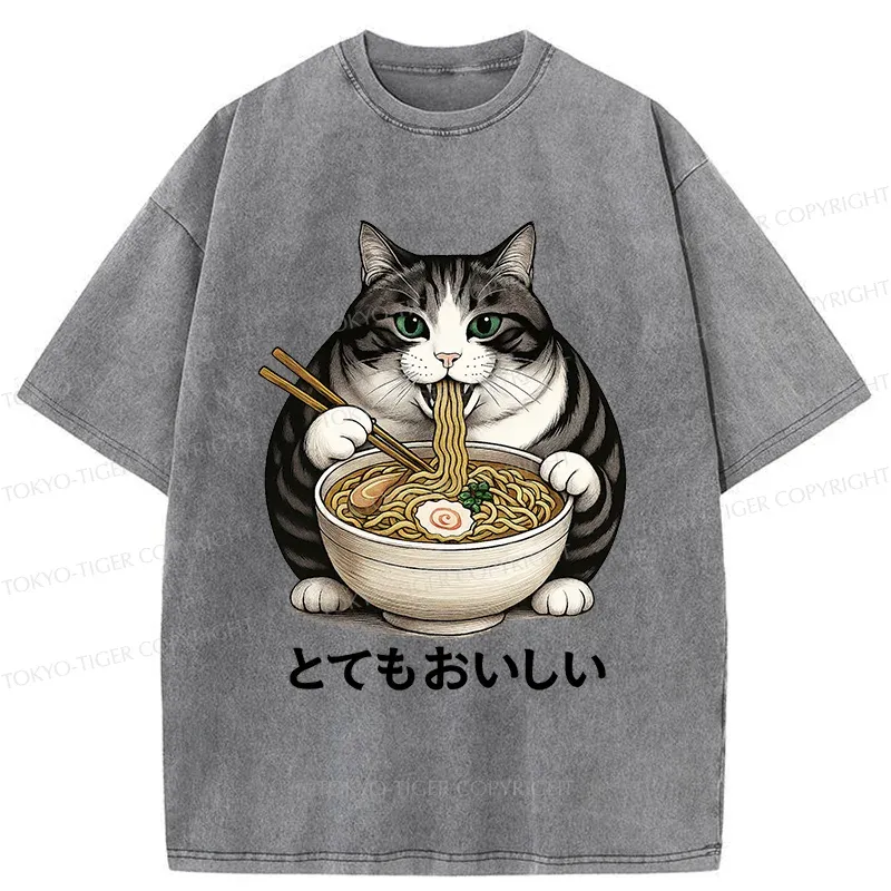 Tokyo-Tiger Fat Cat Eating Delicious Ramen Washed T-Shirt