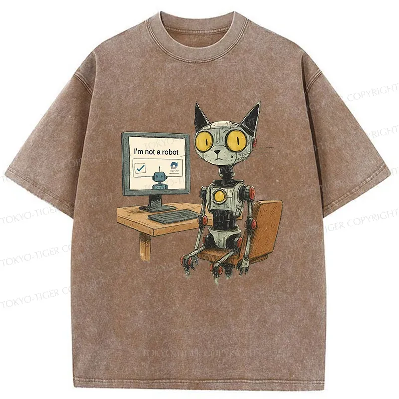 Tokyo-Tiger Robot Cat In Question Washed T-Shirt