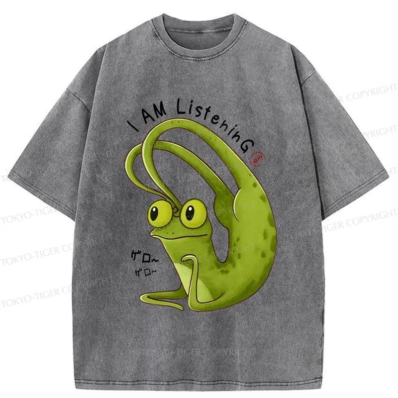 Tokyo-Tiger Funny I Am Listening Washed T-Shirt
