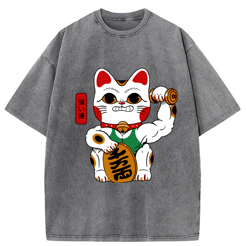 Tokyo-Tiger Muscular Lucky Cat Washed T-Shirt
