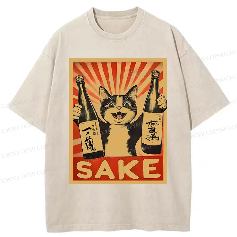 Tokyo-Tiger Cat Holding Wine Washed T-Shirt