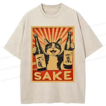 Tokyo-Tiger Cat Holding Wine Washed T-Shirt