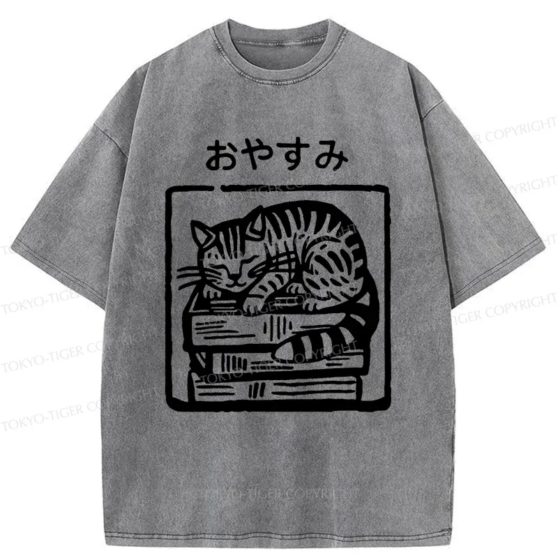 Tokyo-Tiger Cat Sleeping On The Bookshelf Washed T-Shirt