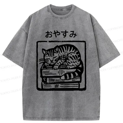 Tokyo-Tiger Cat Sleeping On The Bookshelf Washed T-Shirt