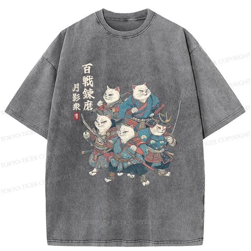 Tokyo-Tiger Five Cat Samurai Washed T-Shirt