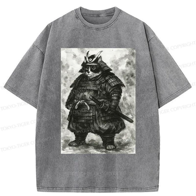 Tokyo-Tiger Strong Cat Samurai Washed T-Shirt
