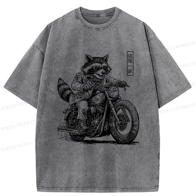 Tokyo-Tiger Raccoon Riding A Motorcycle Washed T-Shirt
