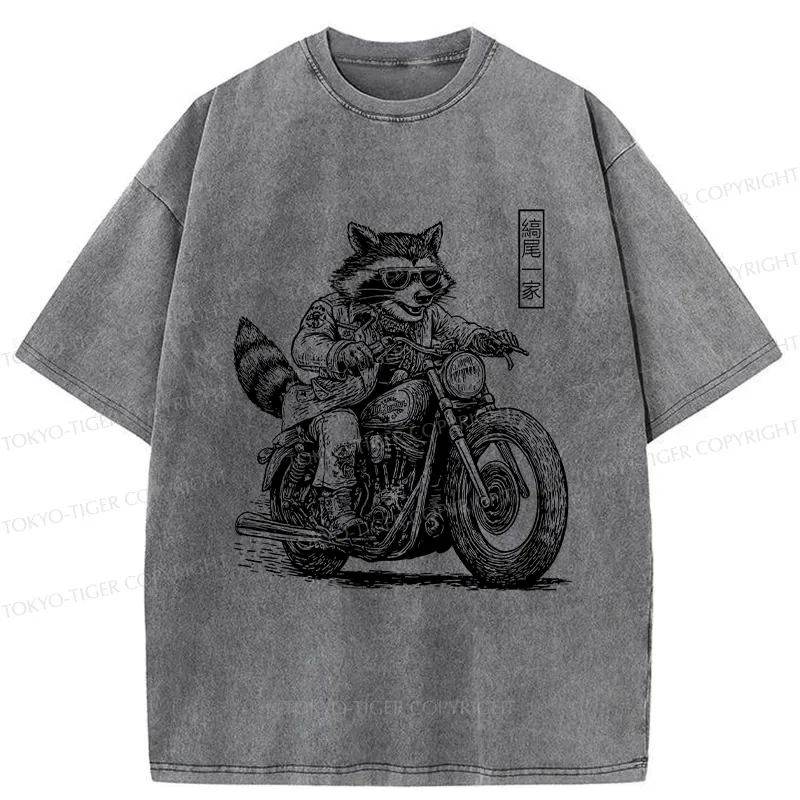 Tokyo-Tiger Raccoon Riding A Motorcycle Washed T-Shirt
