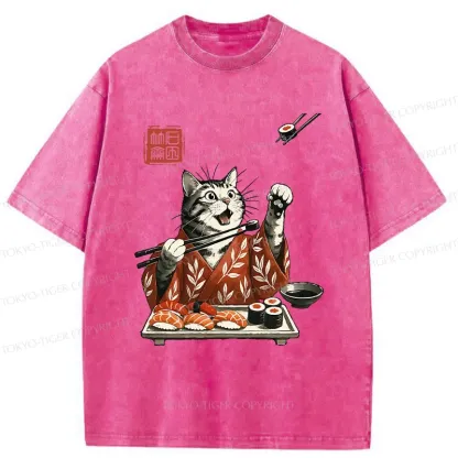 Tokyo-Tiger American Shorthair Cat Eating Sushi Washed T-Shirt