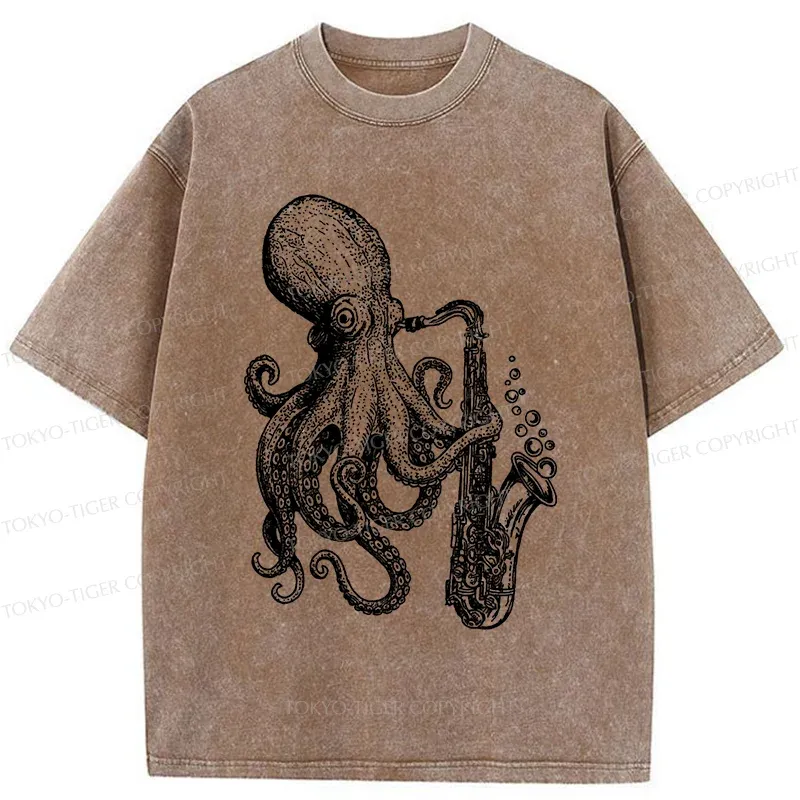 Tokyo-Tiger Octopus Playing Saxophone Washed T-Shirt