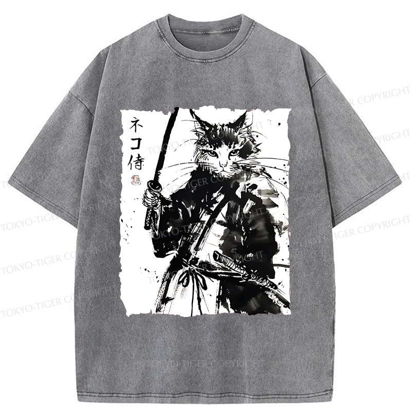 Tokyo-Tiger Ink Painting Cat Samurai Washed T-Shirt