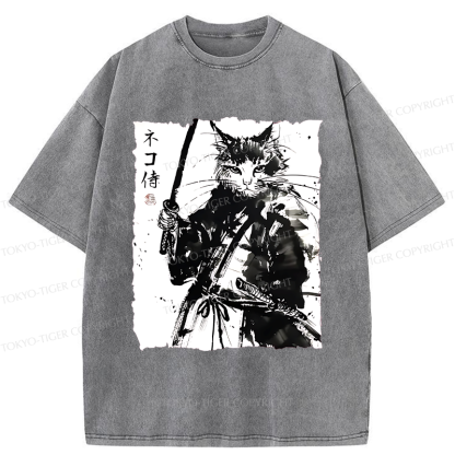 Tokyo-Tiger Ink Painting Cat Samurai Washed T-Shirt