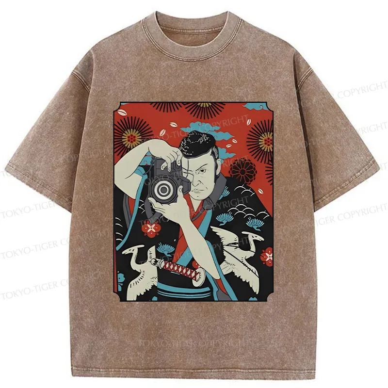 Tokyo-Tiger Samurai Photographer Washed T-Shirt