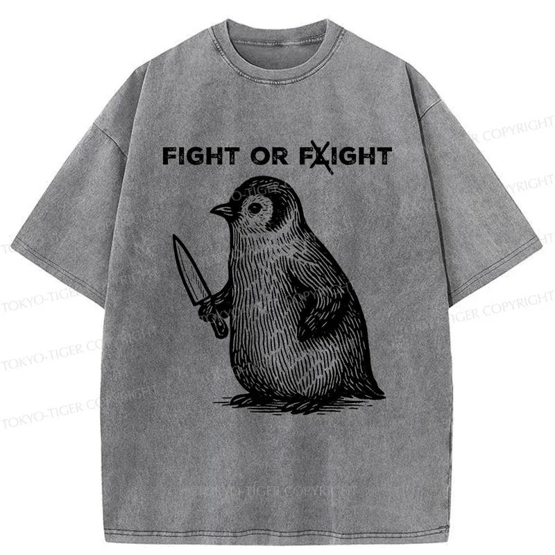 Tokyo-Tiger Funny Fight Or Flight Penguin Washed T-Shirt