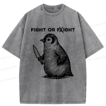 Tokyo-Tiger Funny Fight Or Flight Penguin Washed T-Shirt