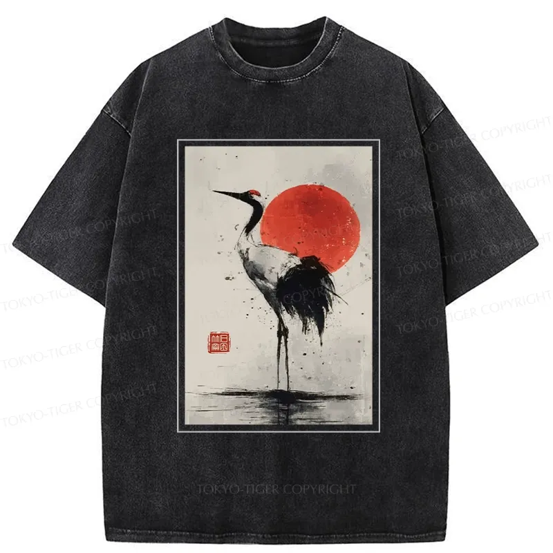 Tokyo-Tiger Retro Japanese Red-crowned Crane Washed T-Shirt