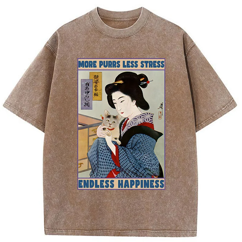 Tokyo-Tiger Geisha Teasing Cat Washed T-Shirt