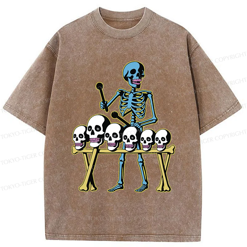 Tokyo-Tiger Skeleton Playing Bone Piano Washed T-Shirt