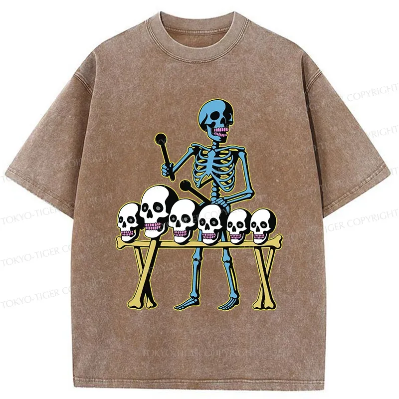 Tokyo-Tiger Skeleton Playing Bone Piano Washed T-Shirt