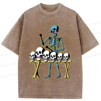 Tokyo-Tiger Skeleton Playing Bone Piano Washed T-Shirt