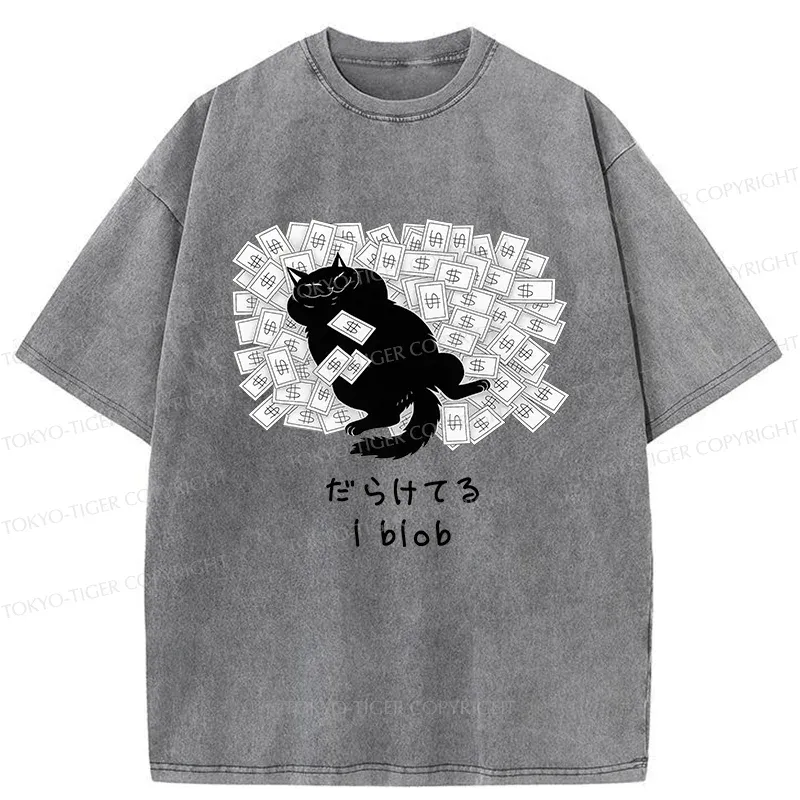 Tokyo-Tiger Cat Lying On Money Washed T-Shirt