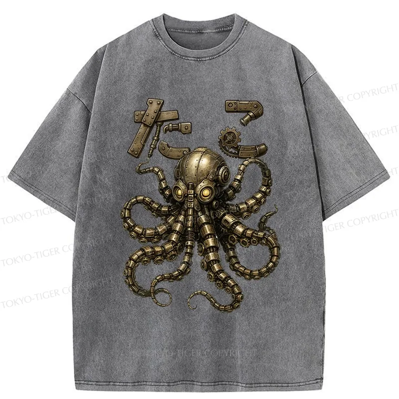 Tokyo-Tiger Mechanical Octopus Washed T-Shirt