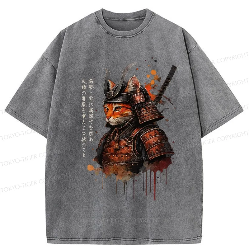 Tokyo-Tiger Vintage Samurai Cat Washed T-Shirt
