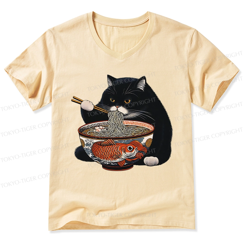 Tokyo-Tiger Fat Cat Eating Ramen V-Neck Classic T-Shirt