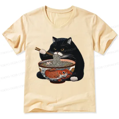 Tokyo-Tiger Fat Cat Eating Ramen V-Neck Classic T-Shirt