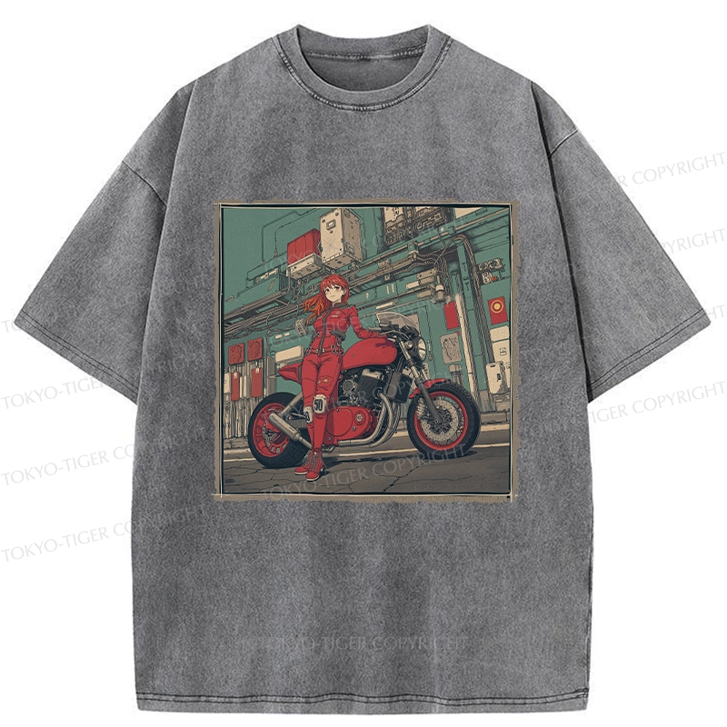 Tokyo-Tiger Cool Motorcycle Girl Washed T-Shirt