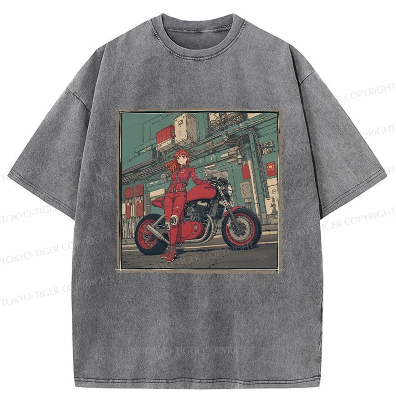 Tokyo-Tiger Cool Motorcycle Girl Washed T-Shirt