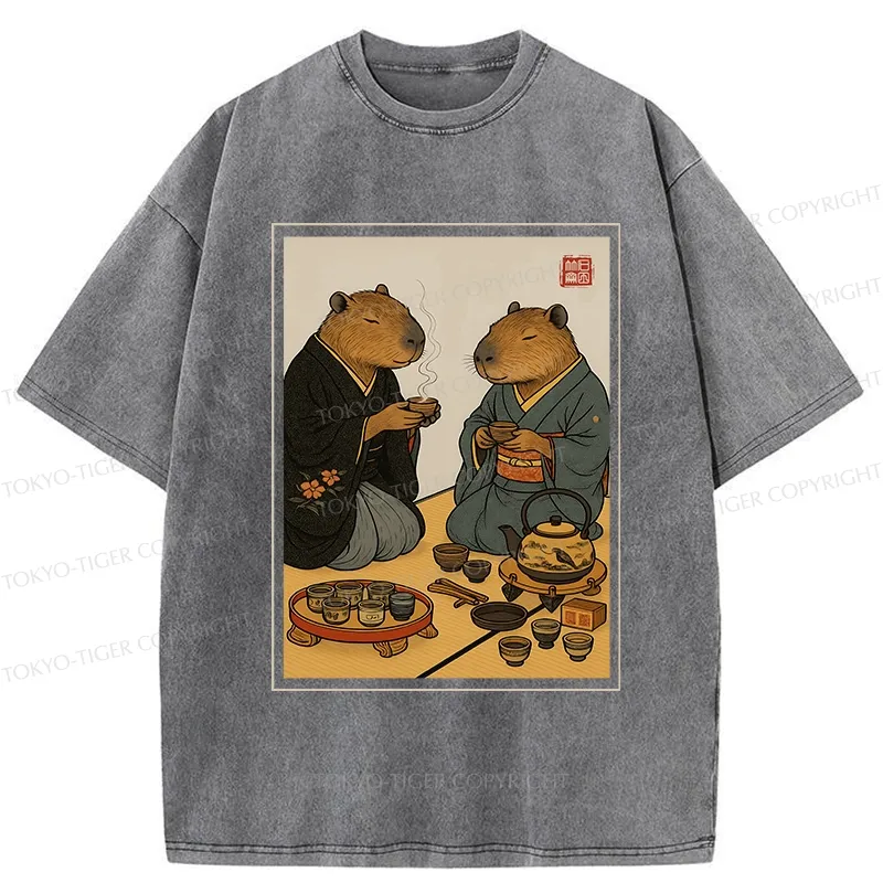 Tokyo-Tiger Capybara Tea Ceremony Washed T-Shirt