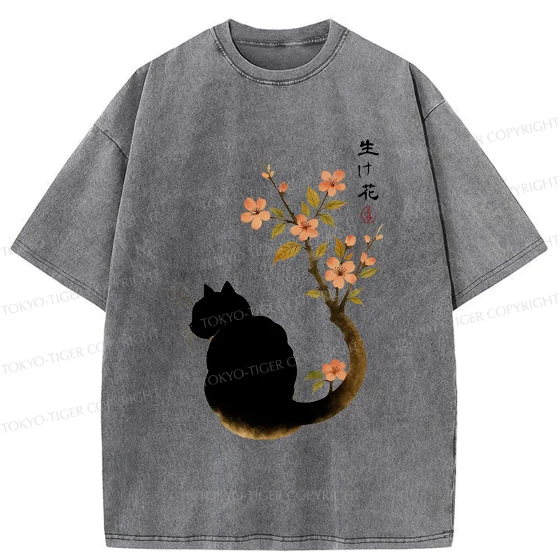 Tokyo-Tiger Retro Cat Tail Flowers Washed T-Shirt