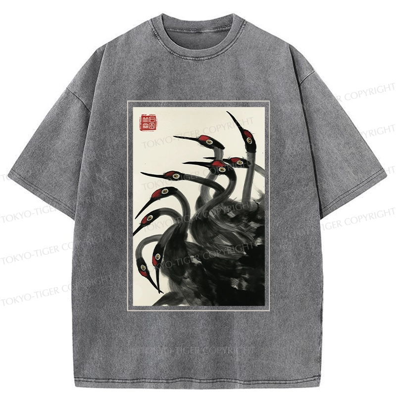 Tokyo-Tiger Retro Red Crowned Crane Washed T-Shirt