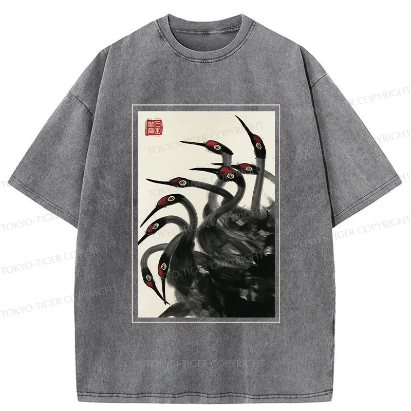 Tokyo-Tiger Retro Red Crowned Crane Washed T-Shirt