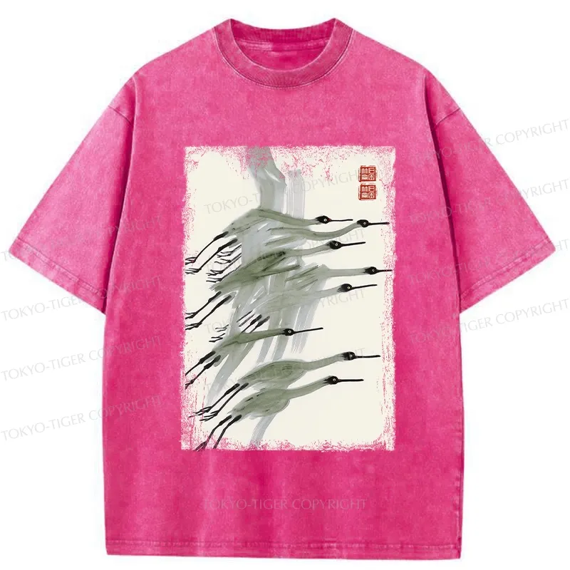 Tokyo-Tiger Flock of Cranes in Flight Washed T-Shirt