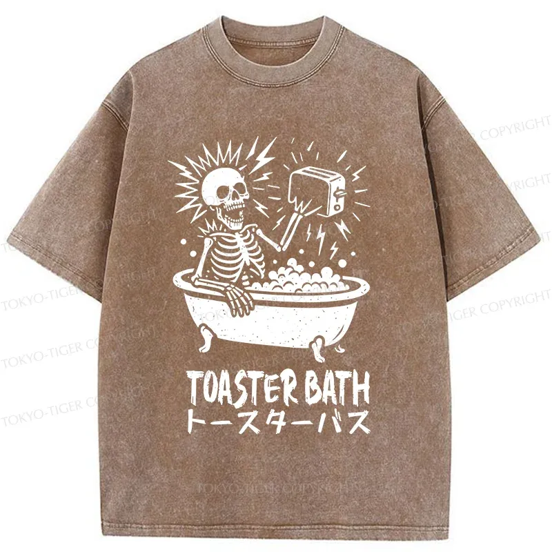 Tokyo-Tiger Funny Skeleton Taking A Bath Washed T-Shirt
