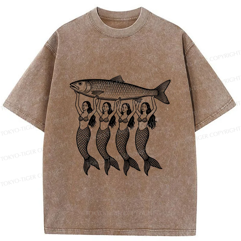 Tokyo-Tiger Mermaids Holding Fish Washed T-Shirt