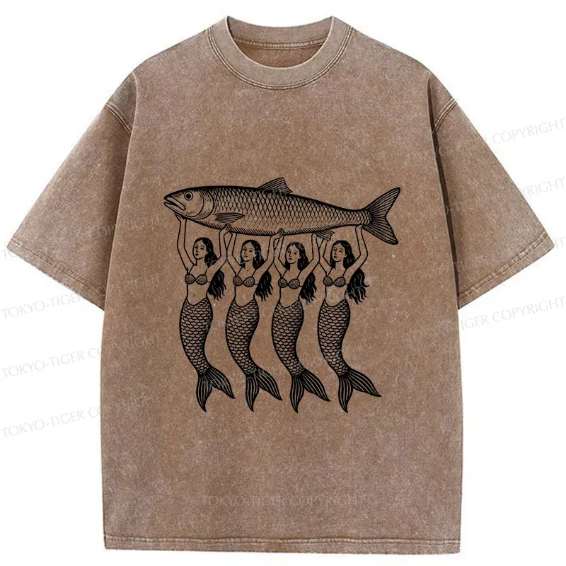 Tokyo-Tiger Mermaids Holding Fish Washed T-Shirt