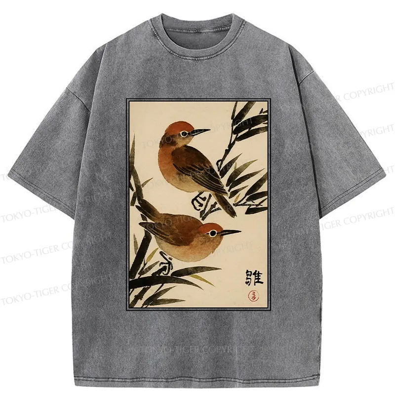 Tokyo-Tiger Sparrows Among Bamboo Washed T-Shirt