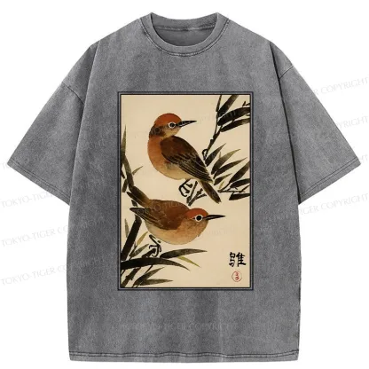 Tokyo-Tiger Sparrows Among Bamboo Washed T-Shirt