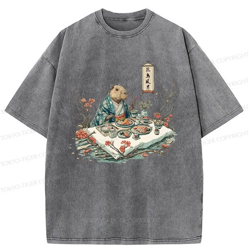 Tokyo-Tiger Capybara Enjoying Sushi Feast Washed T-Shirt