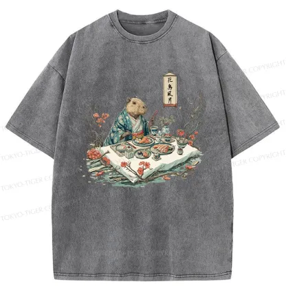 Tokyo-Tiger Capybara Enjoying Sushi Feast Washed T-Shirt