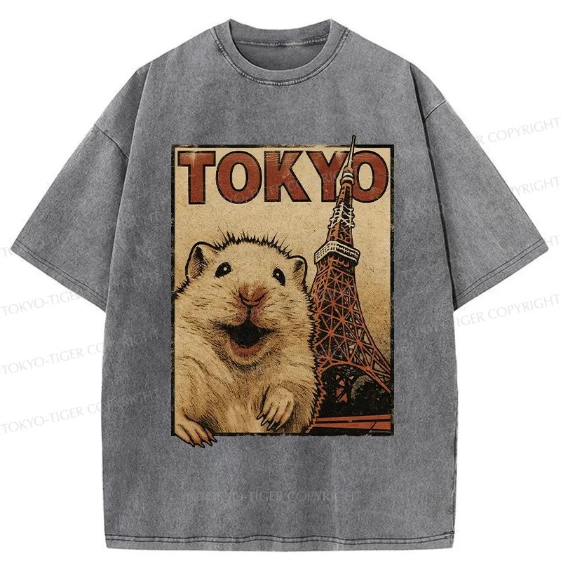 Tokyo-Tiger Happy Hamster Under Tokyo Tower Washed T-Shirt