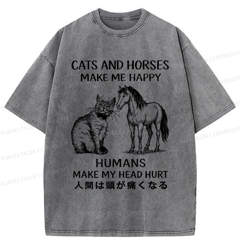 Tokyo-Tiger Funny Cats And Horses Make Me Happy Washed T-Shirt
