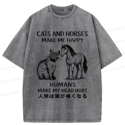 Tokyo-Tiger Funny Cats And Horses Make Me Happy Washed T-Shirt