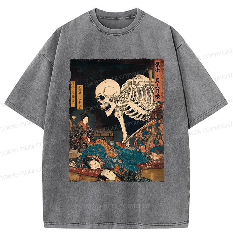 Tokyo-Tiger Ukiyoe Skeleton Yokai Washed T-Shirt