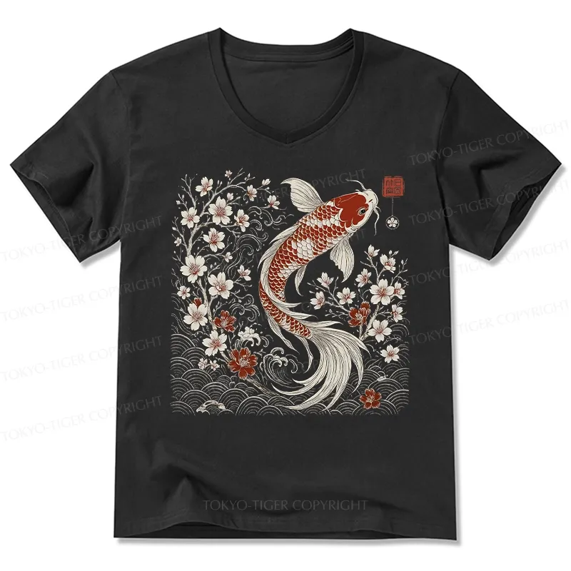 Tokyo-Tiger Vintage Sakura And Koi V-Neck Classic T-Shirt